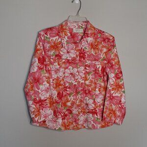 LEMON GRASS Floral Jacket; 3/4 Sleeves; Peach/Pink/Orange; Size Medium